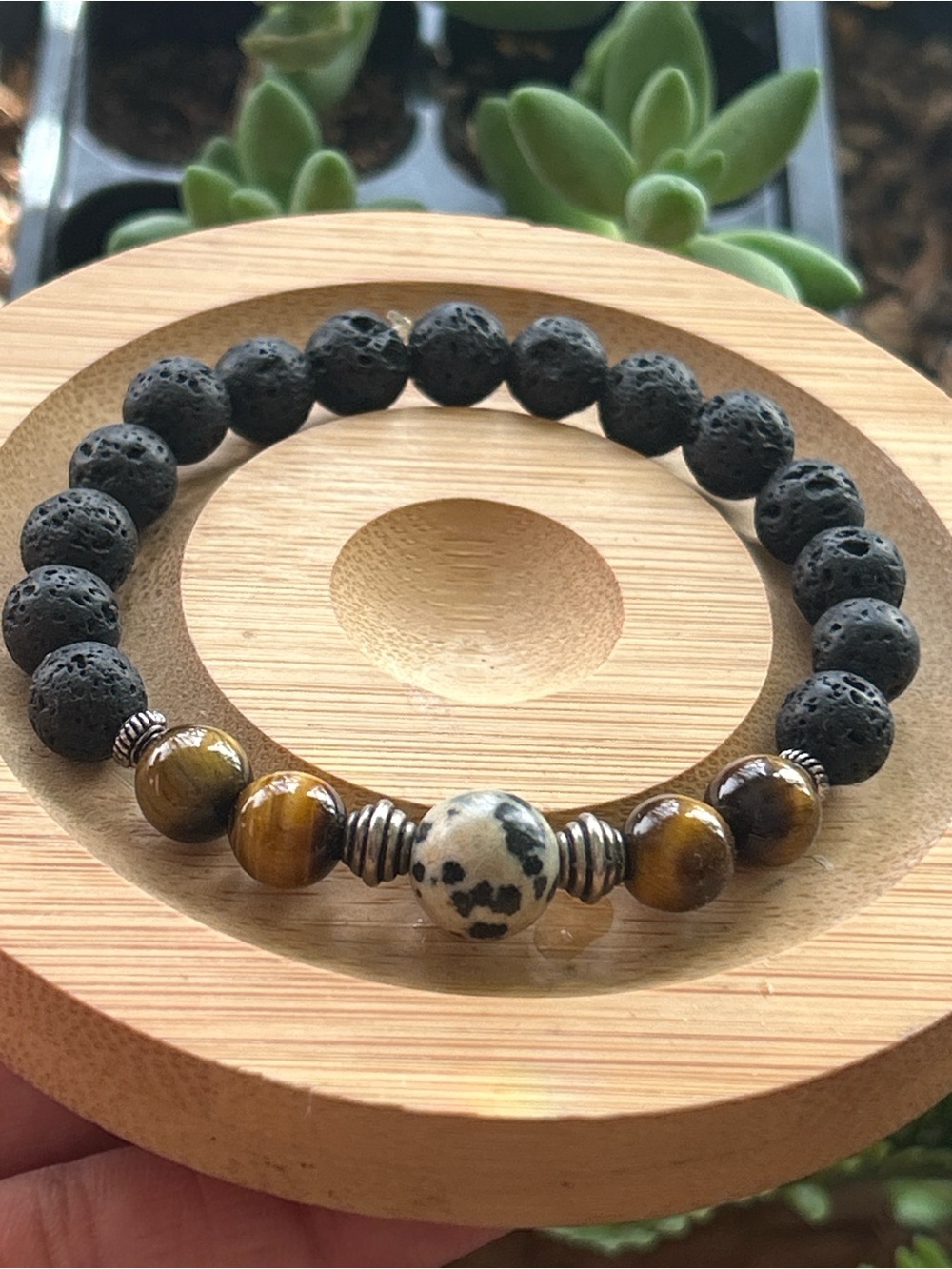 Lava Stone, Tiger Eye & Dalmatian Jasper Stretch Bracelet - Black & Brown